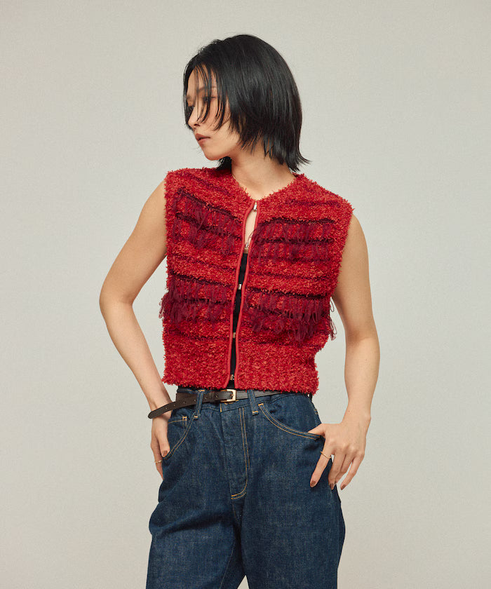 Mixed Material Fringe Knit Vest / Striped Knit Vest 25AW