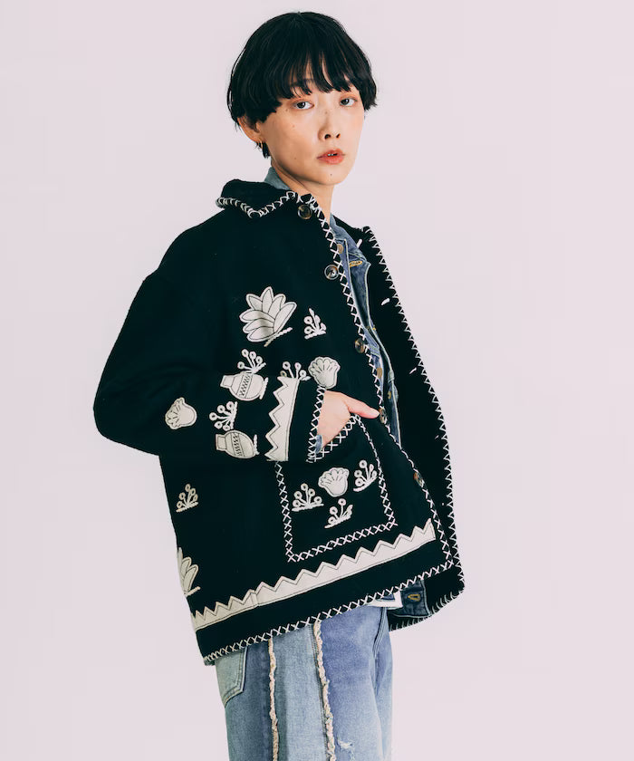 Indian Embroidery Wool Mexican Jacket - Black
