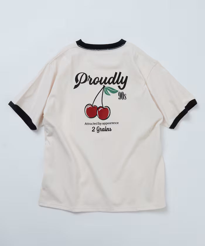 Relaxed Fit Design Back Embroidery Crew Neck T-Shirt / Cherry / Ringer 【Limited Edition】