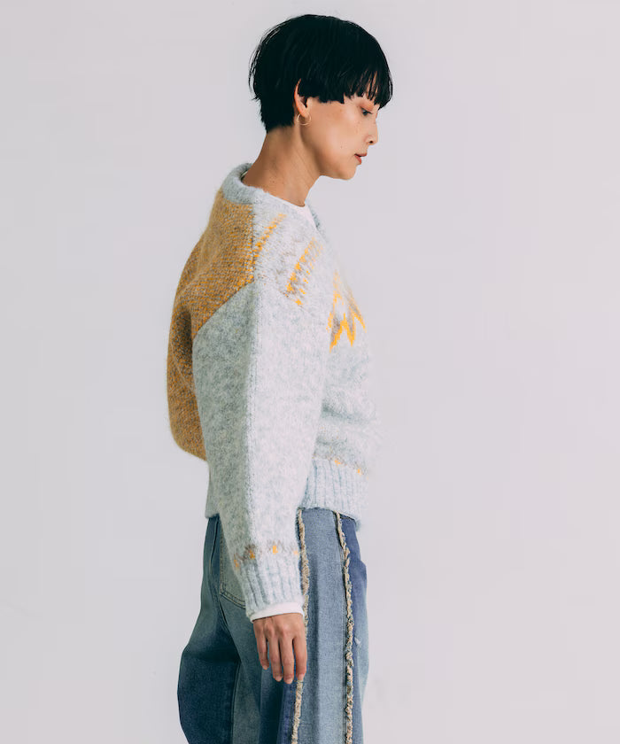 V-neck color block Nordic pattern knit