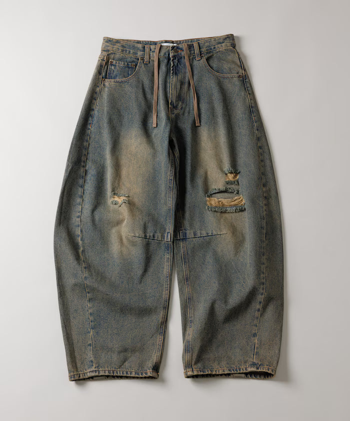 Wide Silhouette Curve Damaged Denim Pants