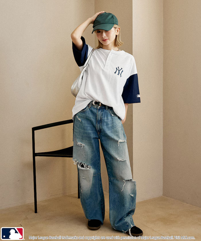 Limited Edition Custom MLB Logo Print Henley Neck Oversized T-Shirt