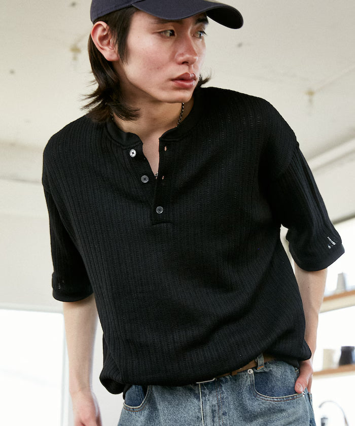 LOVE POP STUDIO Pattern Mesh Henley Neck T-Shirt Limited Release