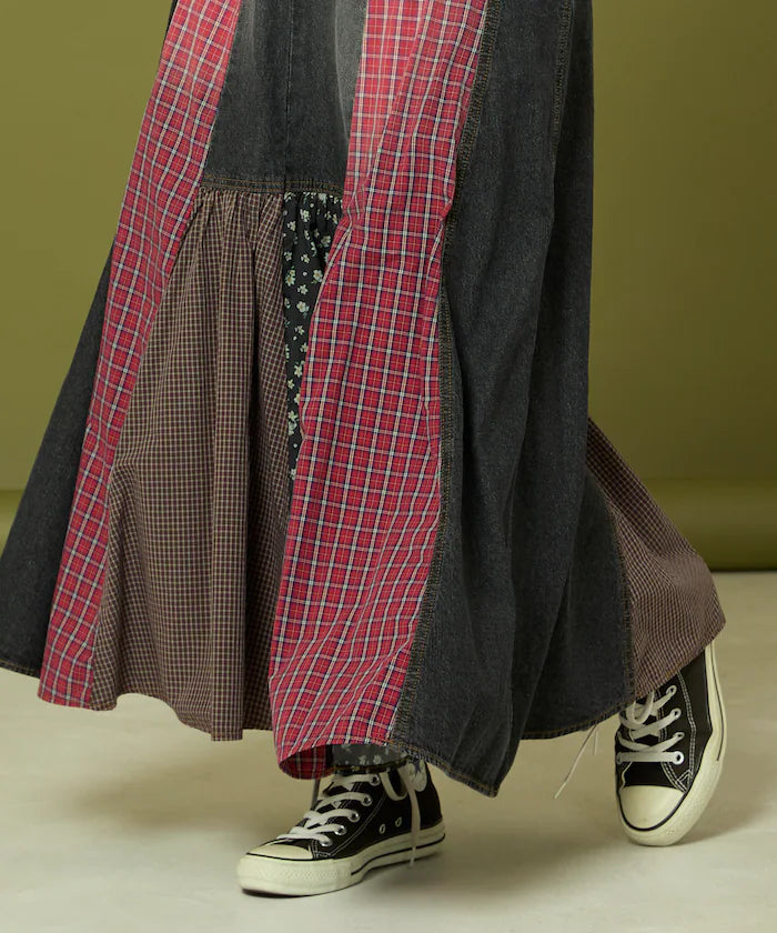 Side Front Denim Color Block Flared Skirt