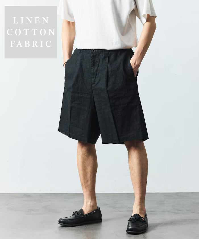 LINEN COTTON EASY SHORT PANTS - Black