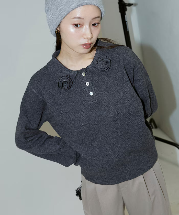 Polo knit pullover with flower motif - limited edition