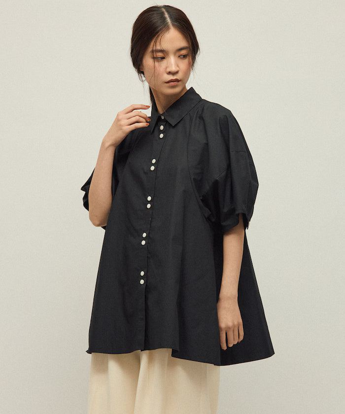 Switching Design Balloon Sleeve Shirt / 5-Minute Sleeve Blouse - Black