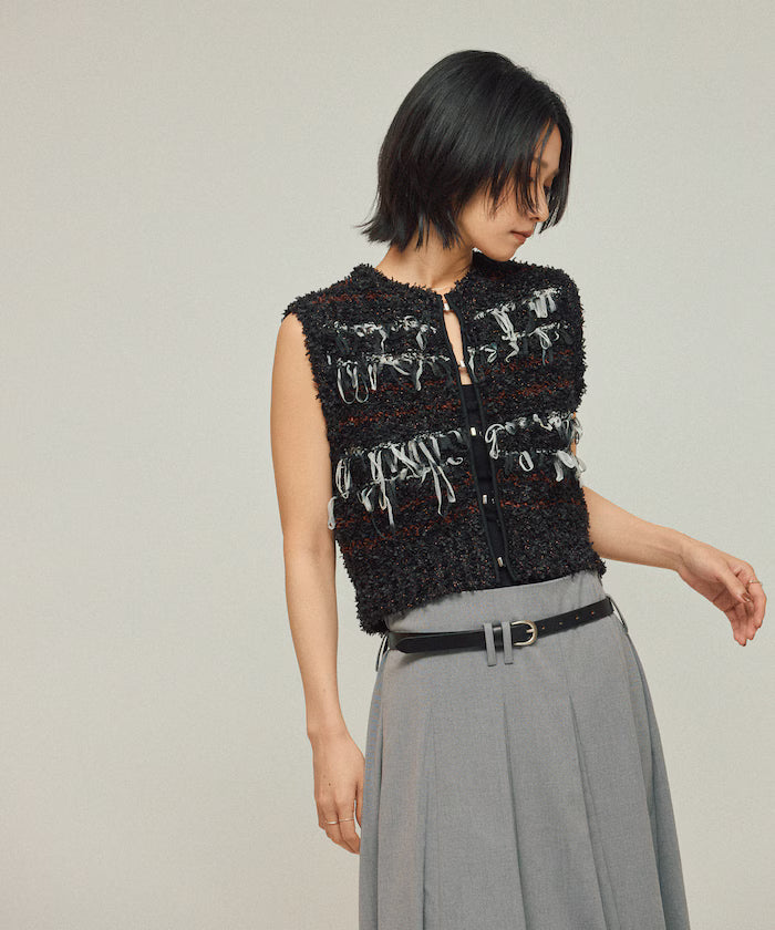Mixed Material Fringe Knit Vest / Striped Knit Vest 25AW