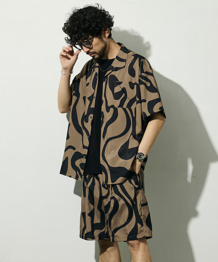Open collar pattern short sleeve shirt / all-over design open collar shirt / compatible with set-up