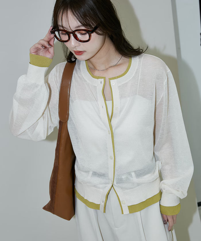 Washable Linen Color Block Sheer Knit Cardigan Limited Edition