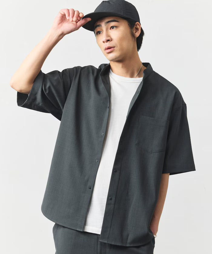 [New Color Added] Quick-Dry Material Relaxed Fit Band Collar Shirt Short Sleeve Linen Feel