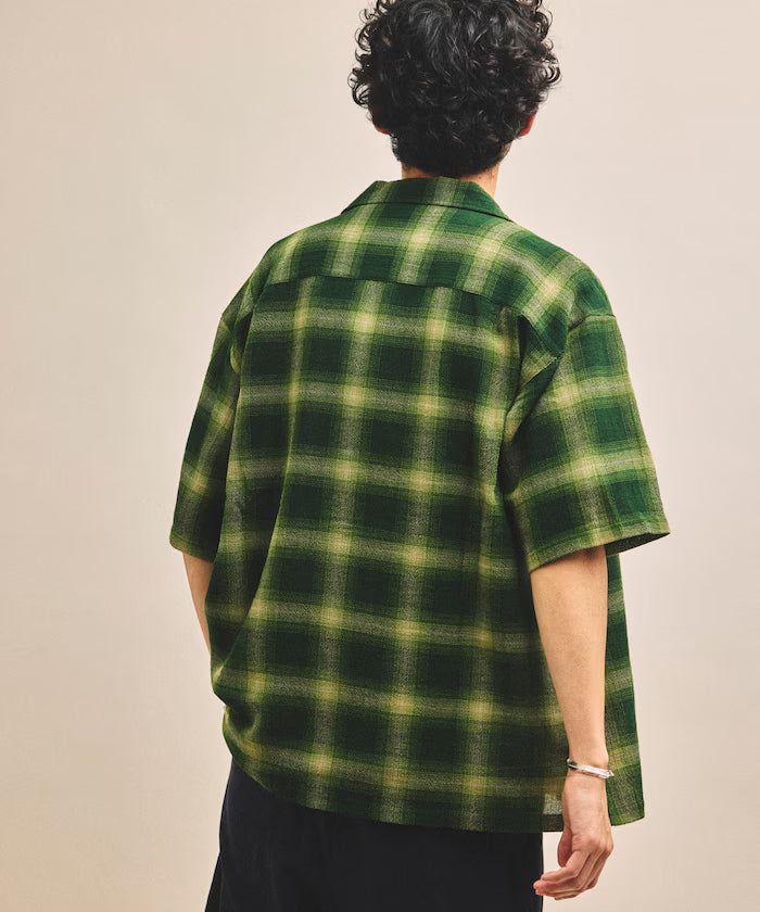 Dyed Ombre Check Open Collar Short Sleeve Sheer Shirt Relaxed Fit