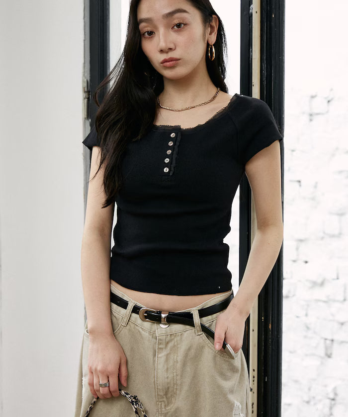 Collar Lace Contrast Henry Rib T-Shirt