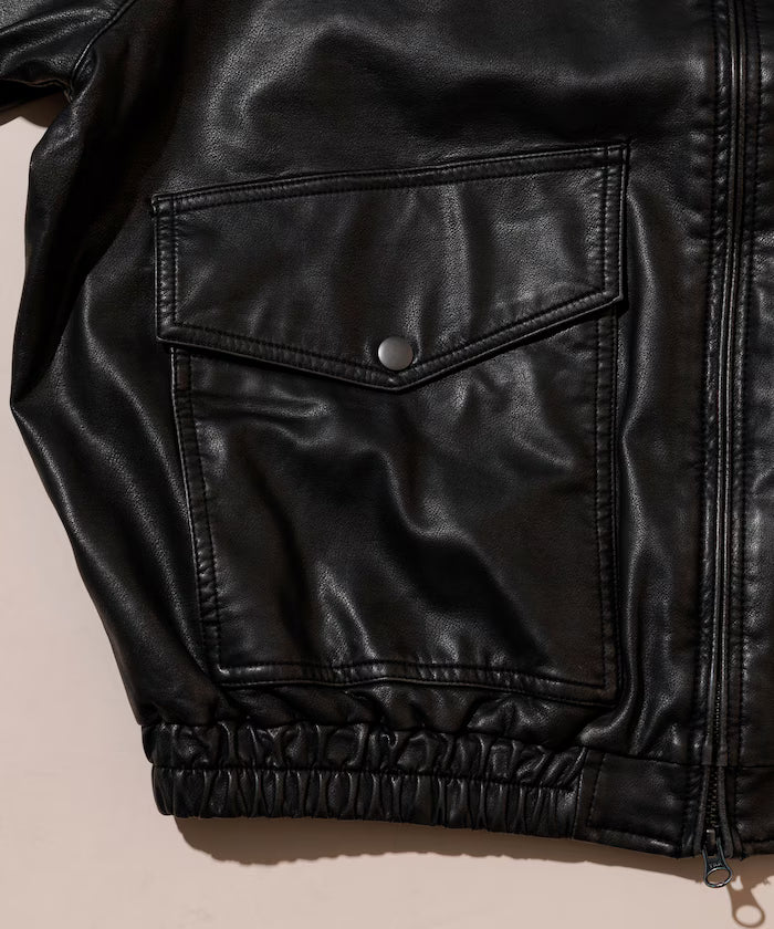 Washed processed leather red stand collar zip-up short blouson