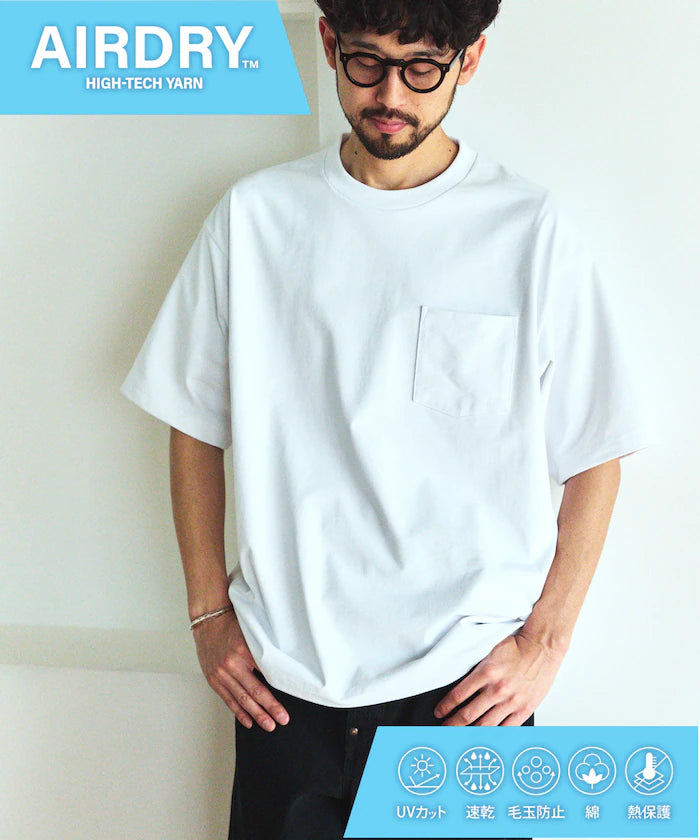 AIRDRY HIGH TECHYARN 7.7oz Big Silhouette Crew Neck Pocket T-Shirt Quick-dry Heat Shield - White