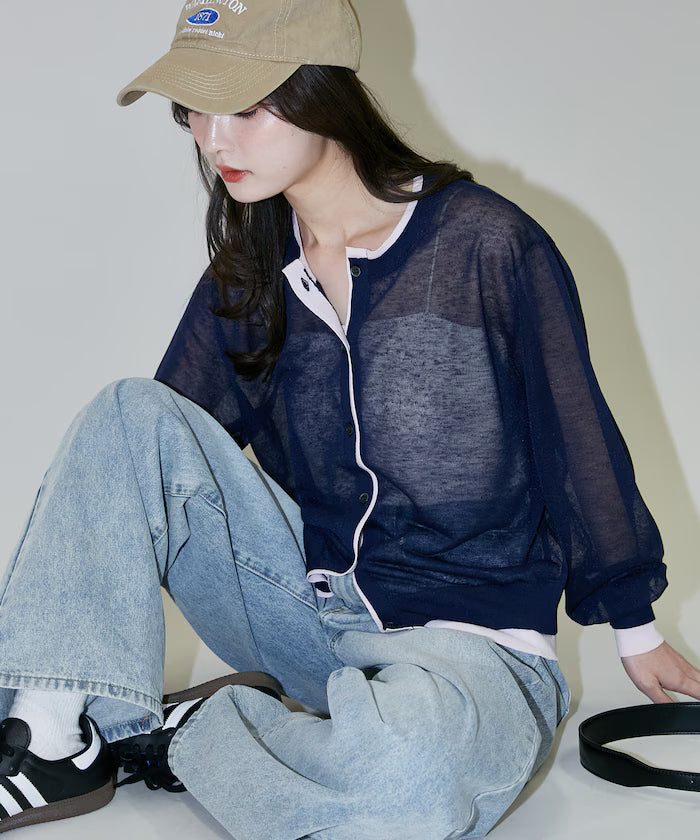 Washable Linen Color Block Sheer Knit Cardigan Limited Edition