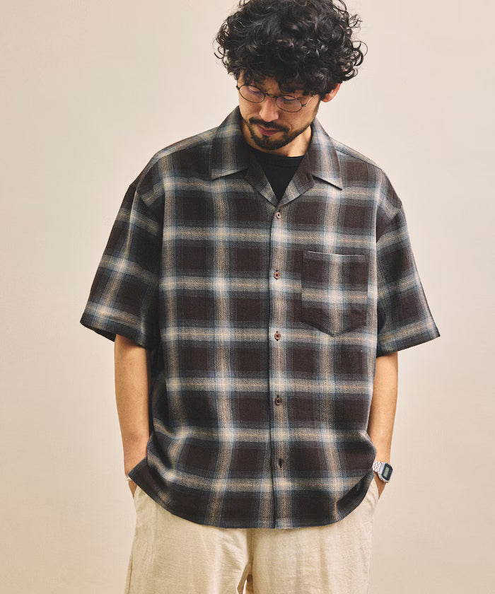 Dyed Ombre Check Open Collar Short Sleeve Sheer Shirt Relaxed Fit - Brown