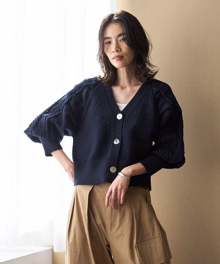 Variation Button Volume Sleeve Cable Knit Cardigan