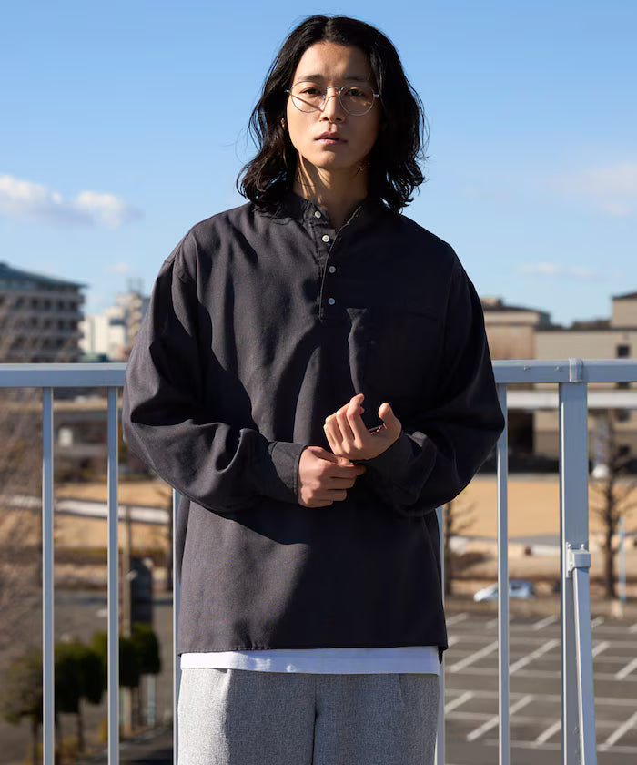 Relax Fit Linen Mix Band Collar Pullover Shirt [Limited Edition]