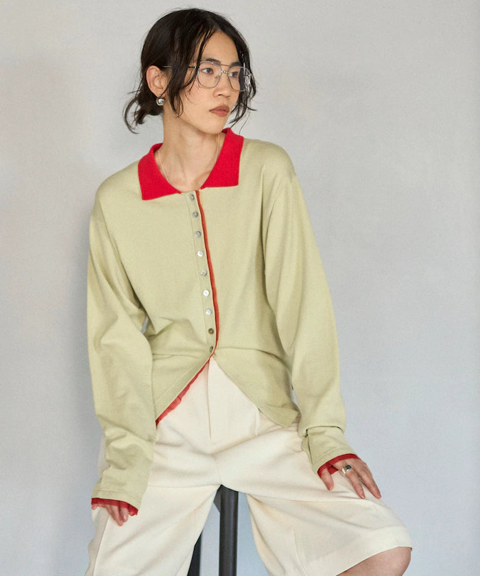 Color Design Fake Layered Long Sleeve Polo Knit Cardigan