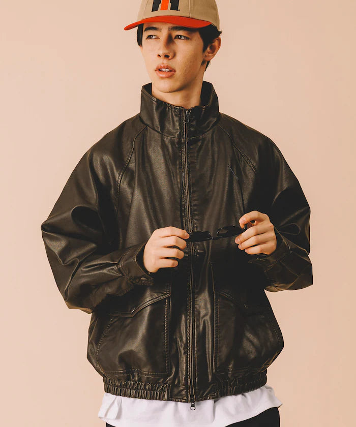 Washed processed leather red stand collar zip-up short blouson