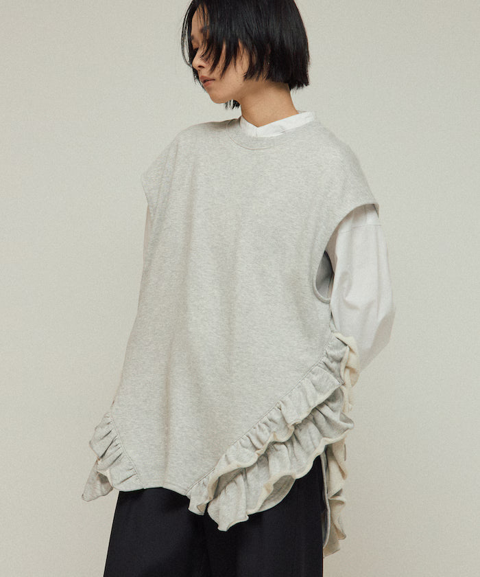 Organic Cotton Frill Hem Top / Relaxed Fit / French Terry Sweat / Best - Gray