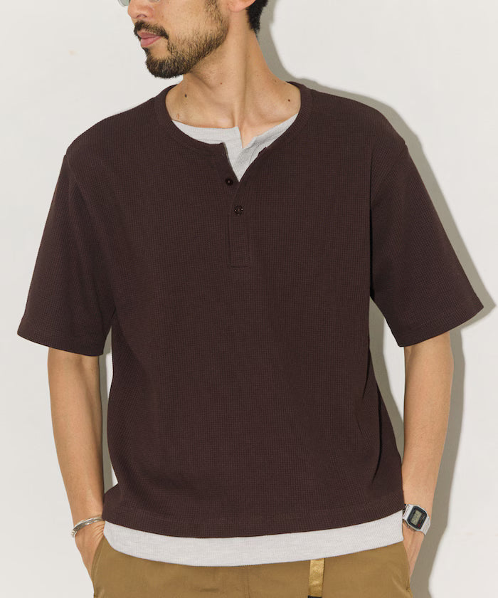 Waffle Fake Layered Henry Neck T-Shirt