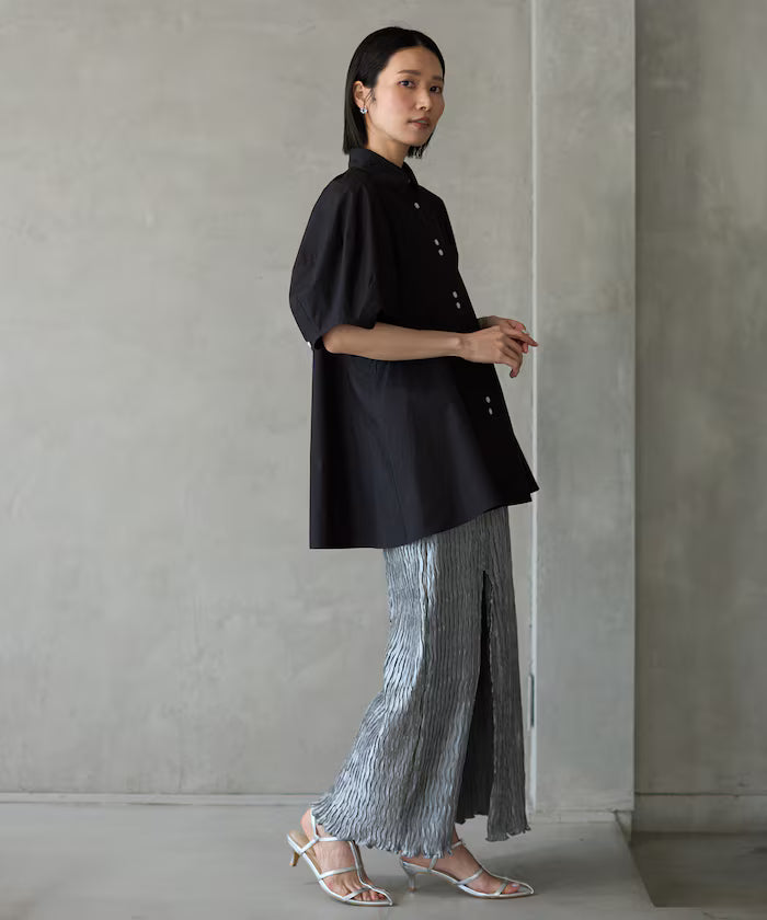 Switching Design Balloon Sleeve Shirt / 5-Minute Sleeve Blouse