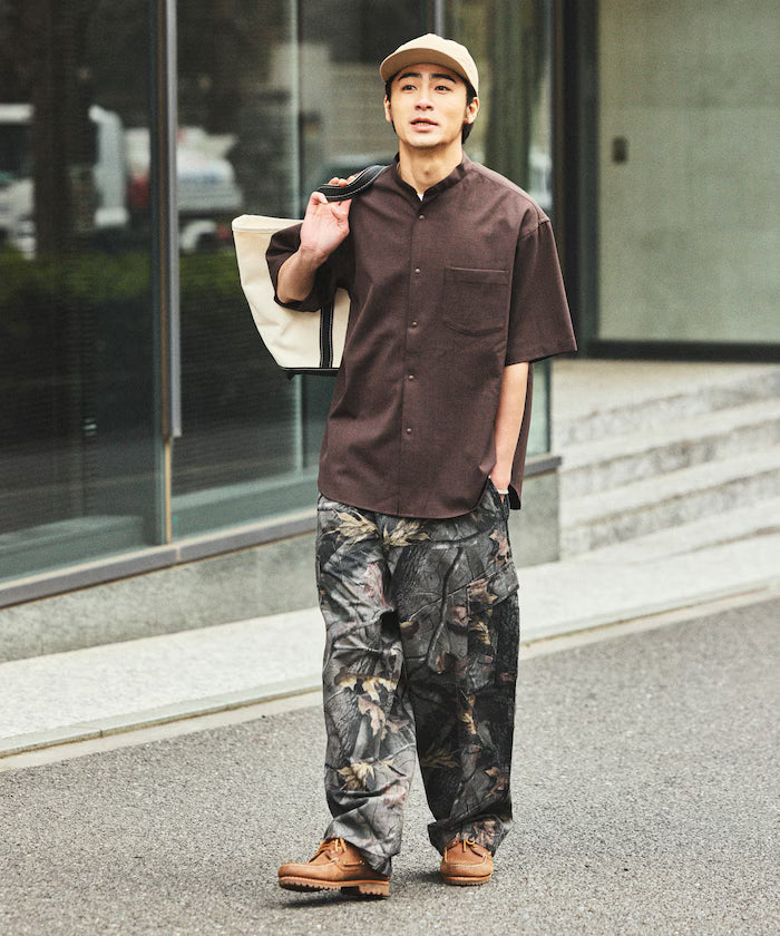 [New Color Added] Quick-Dry Material Relaxed Fit Band Collar Shirt Short Sleeve Linen Feel