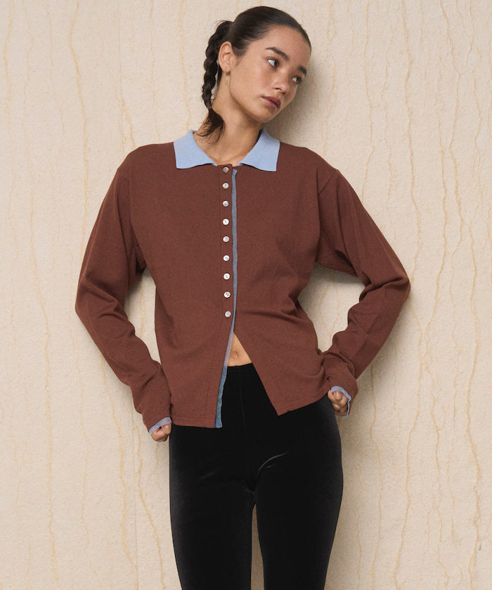 Color Design Fake Layered Long Sleeve Polo Knit Cardigan