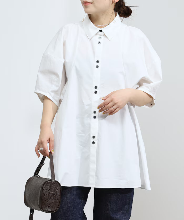 Switching Design Balloon Sleeve Shirt / 5-Minute Sleeve Blouse