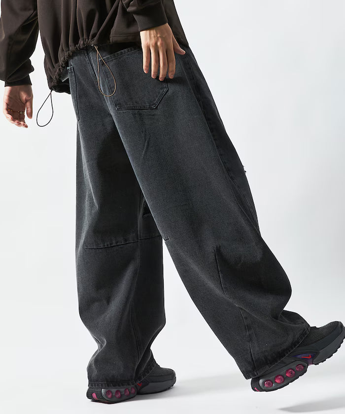Wide Silhouette Curve Damaged Denim Pants