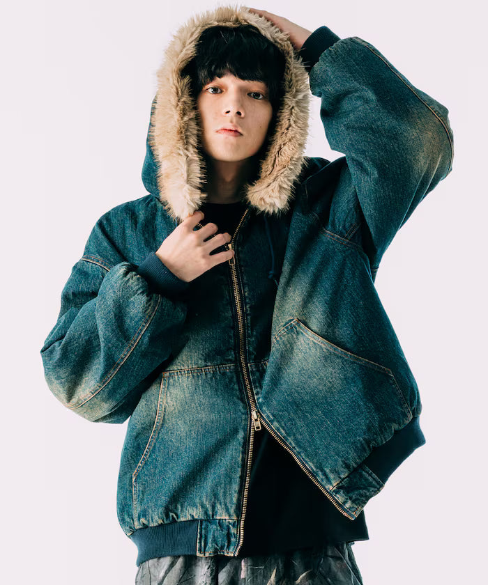 2way fake fur zip-up padded hooded jacket with detachable fur - Blue