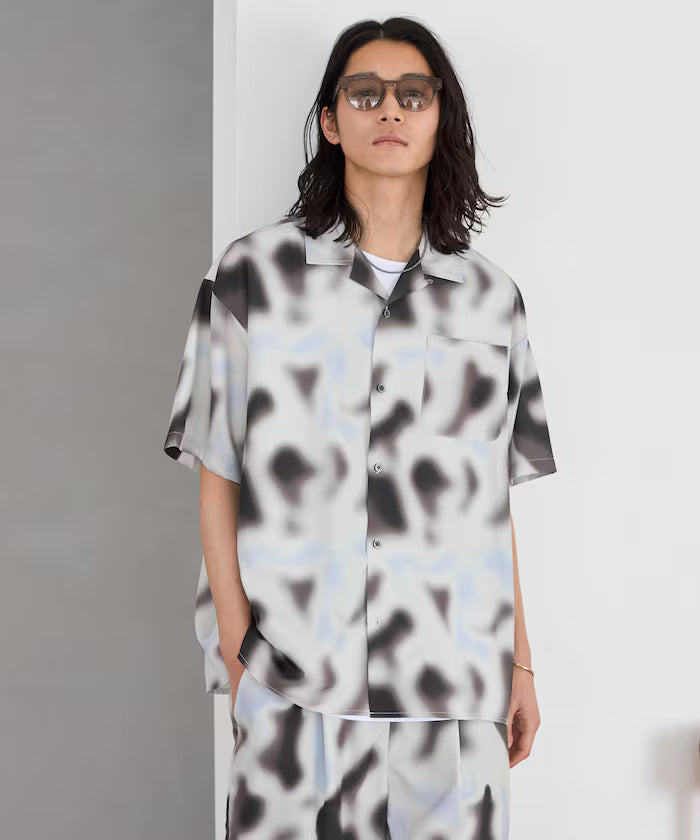 Open collar pattern short sleeve shirt / all-over design open collar shirt / compatible with set-up