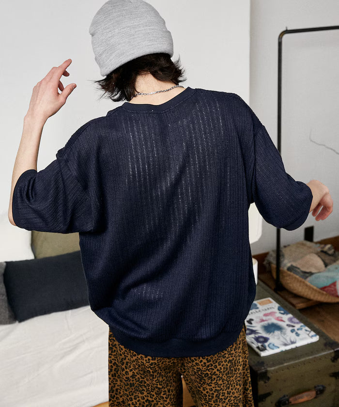 LOVE POP STUDIO Pattern Mesh Henley Neck T-Shirt Limited Release