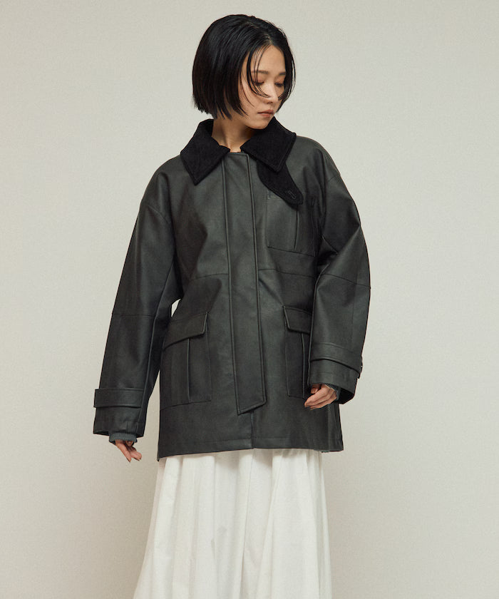 Oversized Crush Leatherette Jacket / Collar Corduroy
