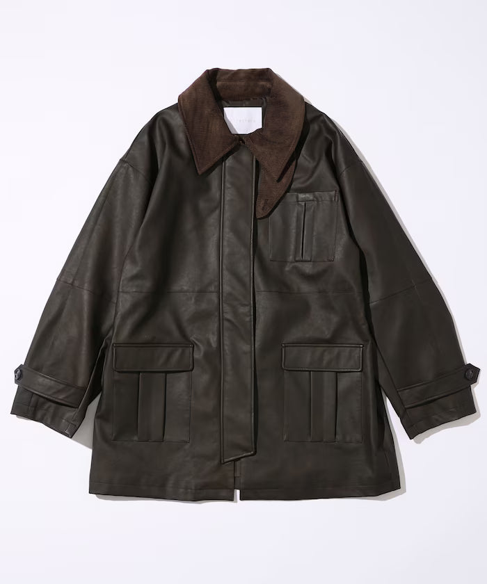 Oversized Crush Leatherette Jacket / Collar Corduroy