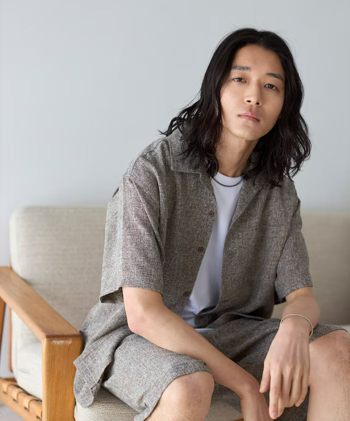 Summer Tweed Short Sleeve Open Collar Shirt / Suitable for Setup