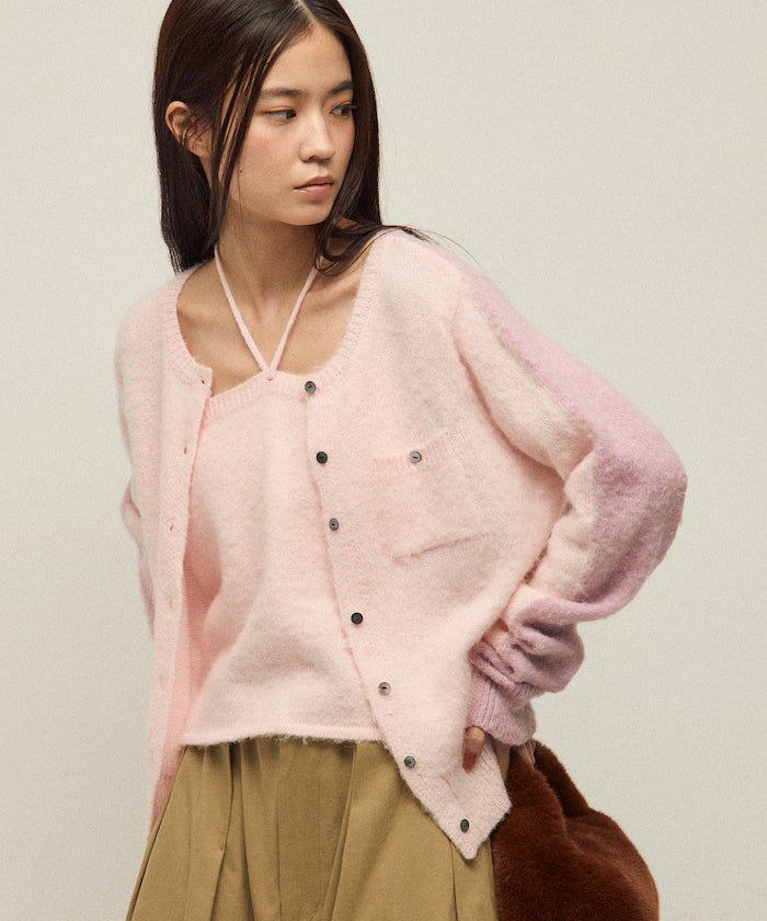 Alpaca Blend Bicolor Knit Cardigan - Pink