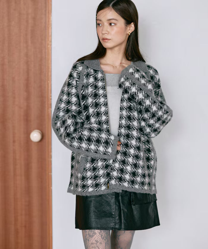 Wool Blend Gancube Check Knit Zip Blouson