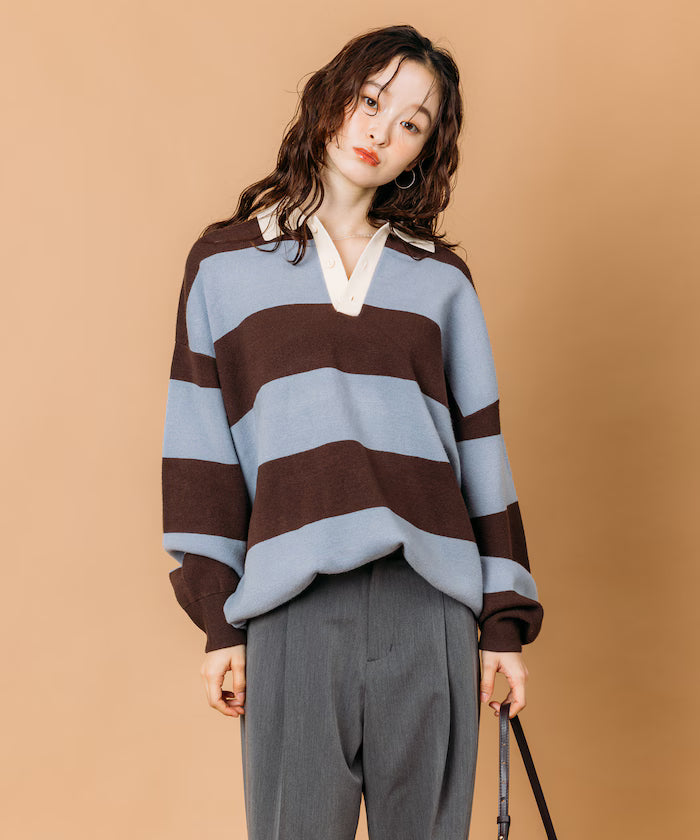 Big Silhouette Border Knit Rugby Shirt [Limited Edition] - Brown x Sax Blue