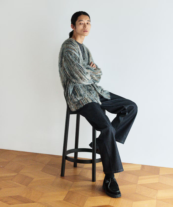 Relaxed Fit Shaggy Knit Multi-Stripe Cardigan