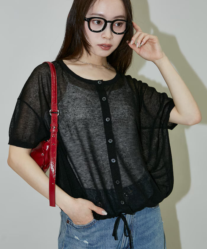 Washable Linen Hem Cord Summer Knit Cardigan Limited Edition - Black