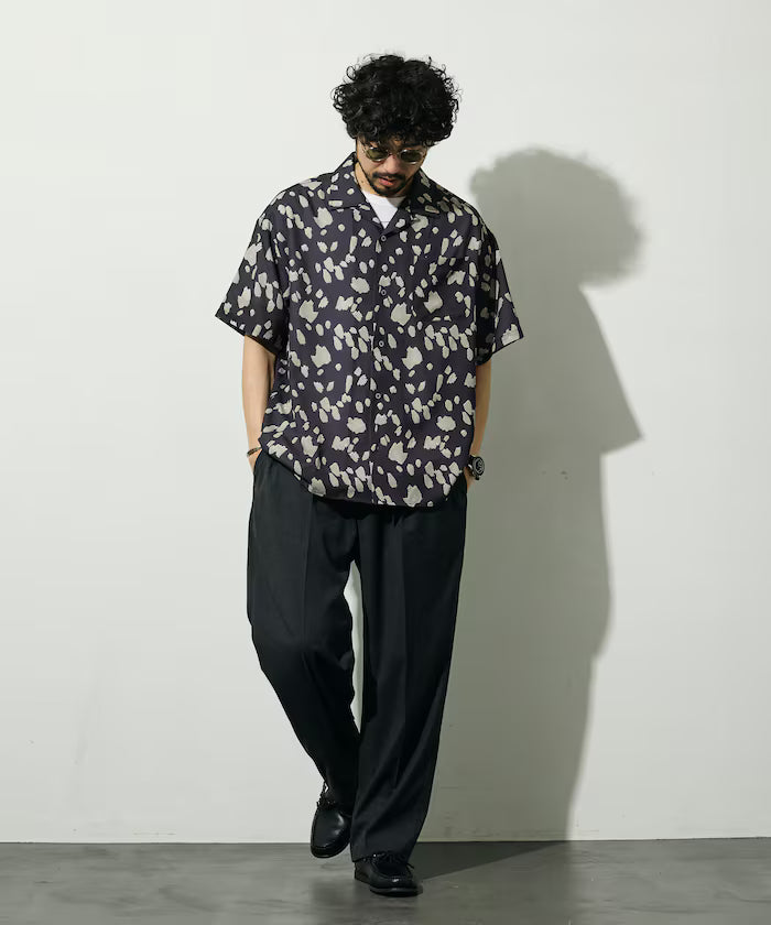 Mesh Open Collar Pattern Short Sleeve Shirt / Allover Design Open Collar Shirt / Big Silhouette