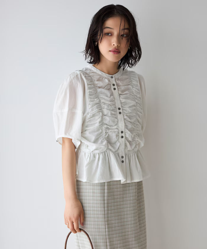 Sheer Shirring Volume Sleeve Blouse / 5 Short Sleeves