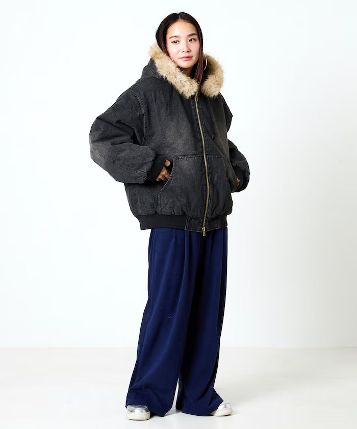 2way fake fur zip-up padded hooded jacket with detachable fur