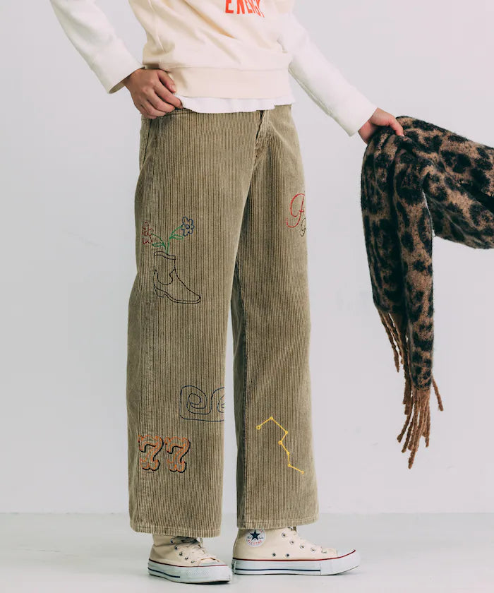 Chain Stitch Corduroy Pants - beige