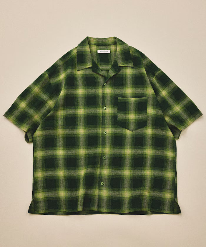Dyed Ombre Check Open Collar Short Sleeve Sheer Shirt Relaxed Fit