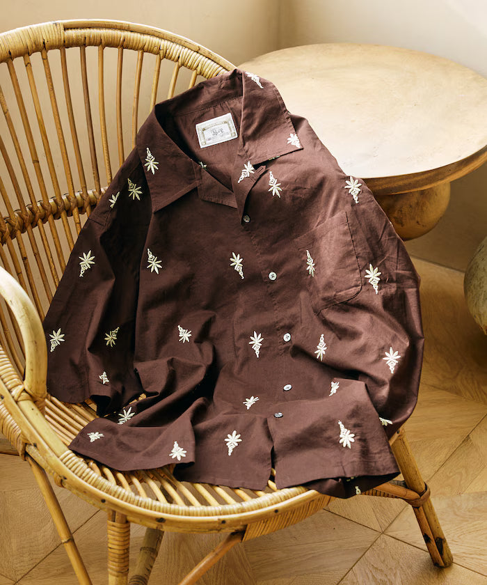 India-made all-over pattern embroidered relax-fit open collar short sleeve shirt