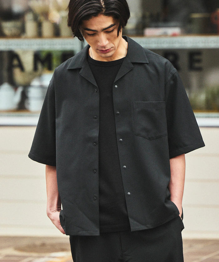 [New Color Addition] Quick-Dry Material Relaxed Fit Open Collar Short Sleeve Shirt Linen-Like